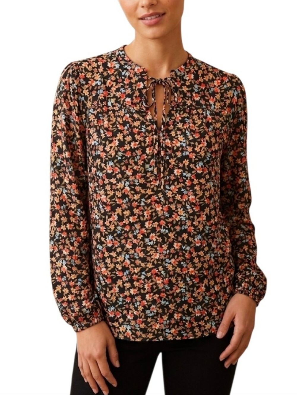 LOFT Petites Floral Tie-Neck Long Sleeve Blouse Black Size MP